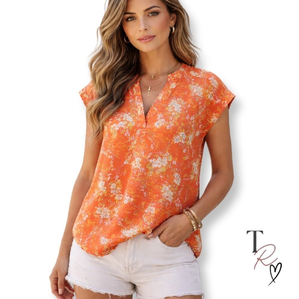 Cynthia Steffe Orange Floral Split V-Neck Cap-Sleeve Blouse
